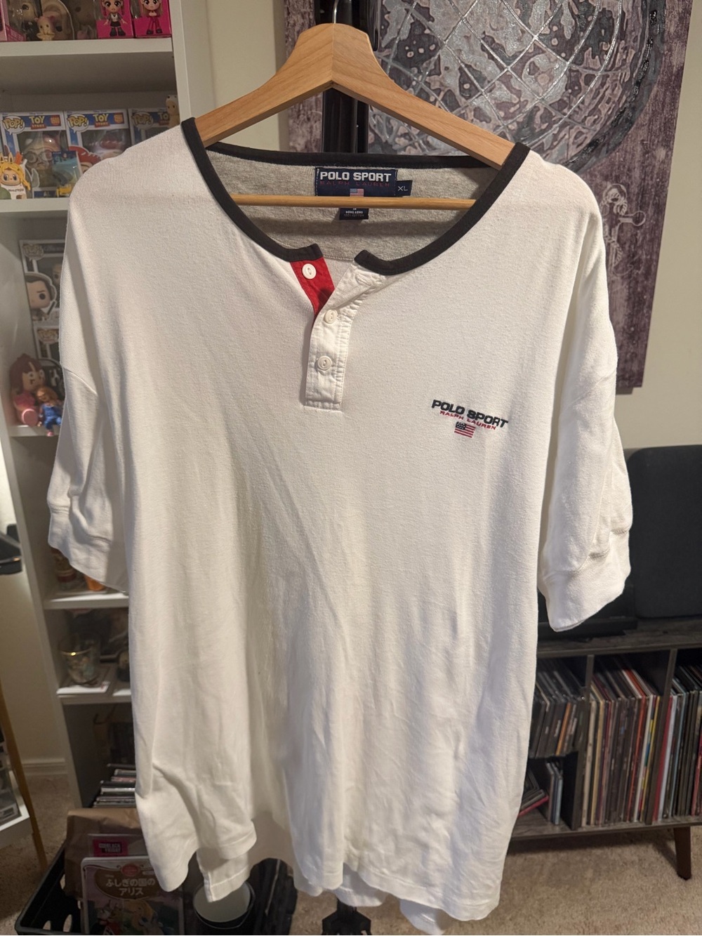 Polo by Ralph Lauren White Henley Tee with Black Trim and Red Placket Accent